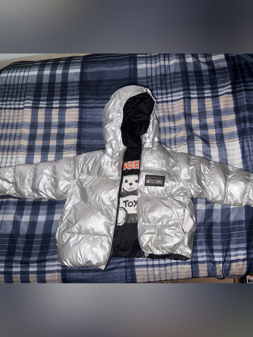 Moschino Kids Metallic Silver Puffer Coat with Hood